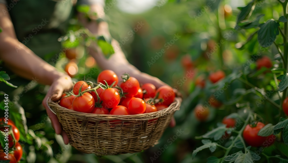 Farmer Harvesting Fresh Tomatoes in a Garden - Organic Farming and Sustainable Agriculture Farmer Harvesting Fresh Tomatoes in a Garden - Organic Farming and Sustainable Agriculture