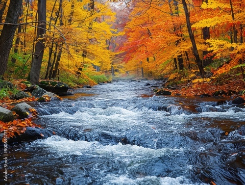 A river flowing through a dense forest in autumn, colorful foliage, 4K resolution.  photo