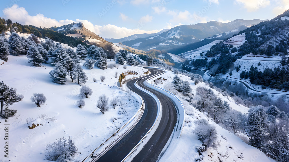Adventurous drive through icy peaks, navigating sharp turns on a snowy mountain pass. Adventurous drive through icy peaks, navigating sharp turns on a snowy mountain pass.