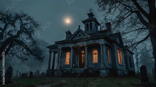 Haunted house in the cemetery on Halloween night