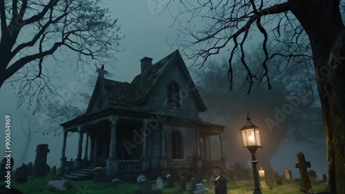 Haunted house in the cemetery on Halloween night