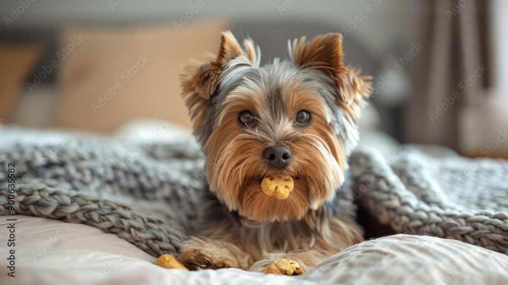 Yorkshire Terrier puppy with a treat in its mouth on a cozy bed. Yorkshire Terrier puppy with a treat in its mouth on a cozy bed.