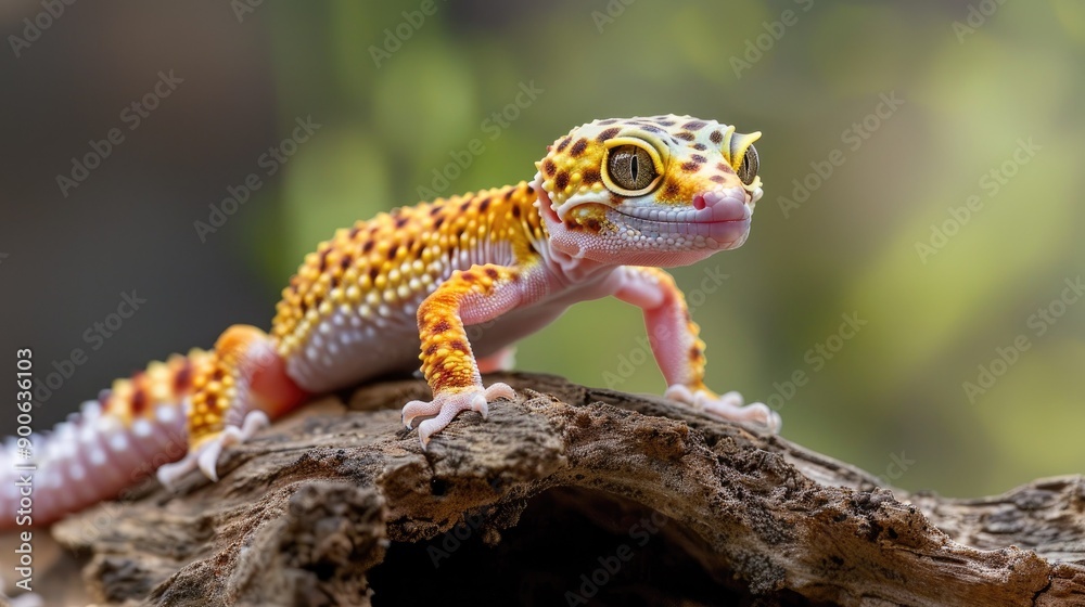 Close-Up Portrait of a Leopard Gecko on a Branch Close-Up Portrait of a Leopard Gecko on a Branch