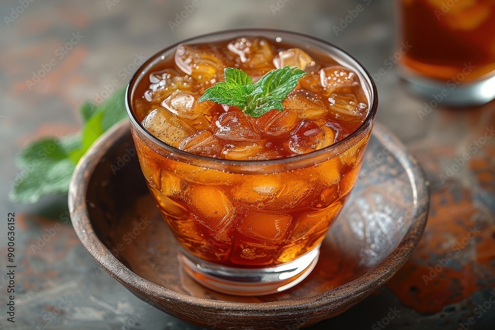 A bowl of kvass, a traditional Russian fermented beverage, served in a glass with a sprig of mint.