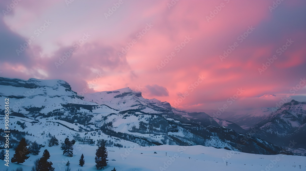 Majestic snowy peaks glowing pink under a stunning sunset in V6 style photography, image 00683. Majestic snowy peaks glowing pink under a stunning sunset in V6 style photography, image 00683.