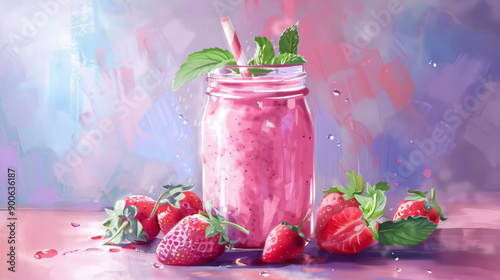 Illustration of  glass jar with healthy strawberry milkshake or smoothie with  strawberries on a pink, violet background. Healthy food and drink concept. Copy space, place for text. Generative AI.