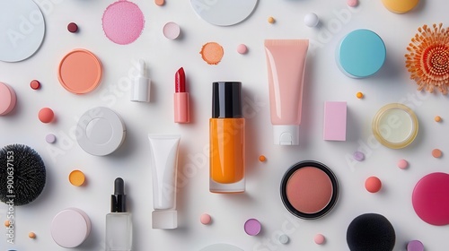 A vibrant array of beauty products and accessories displayed artistically on a white background, perfect for cosmetic themes.