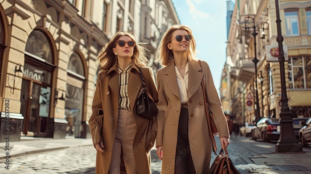 Fototapeta premium Confident Women in Classic Attire Stroll Through a Sunlit Urban Street