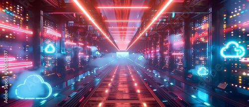 Illuminated Futuristic Server Room with Cloud Computing Symbols and Neon Lights