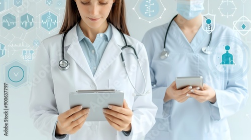 Wallpaper Mural Digital Healthcare: Two healthcare professionals, a doctor and a nurse, stand side-by-side, showcasing their commitment to patient care through the use of digital technology. They embody the evolving  Torontodigital.ca