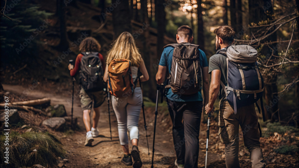 A group of people enjoying a hike in the mountains, walking through the woods, including families, couples, and friends A group of people enjoying a hike in the mountains, walking through the woods, including families, couples, and friends