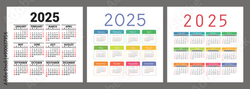 Calendar 2025. English colorful vector set. Square wall or pocket calender template. Design collection. New year. Week starts on Sunday