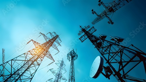 Towering Above: A low-angle perspective captures the intricate network of towering communication towers against a vibrant blue sky, symbolizing the vast reach and power of modern technology.