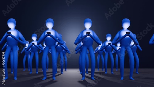 Group of people with cell phones in their hands. 3d animation. Digital addiction, social network dependency concept. constantly scrolling social media, surfing internet in smartphones, doomscrolling