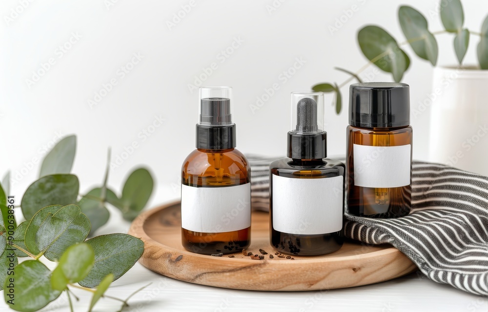 Amber Bottles With Dropper On Wooden Tray Amber Bottles With Dropper On Wooden Tray