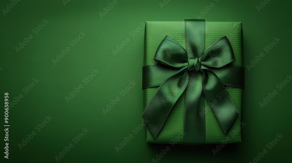 A large green bow adorns the front of a green gift box, while a smaller green bow is found on its back A large green bow adorns the front of a green gift box, while a smaller green bow is found on its back