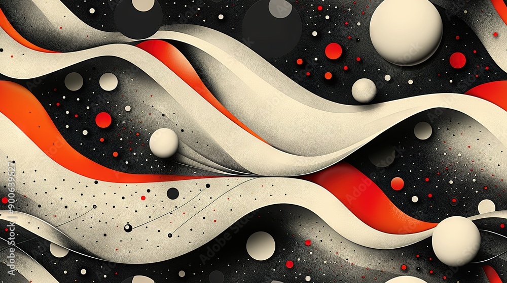 A black & white abstract artwork featuring red, white circles, & bubbles on a black backdrop with a red-white stripe A black & white abstract artwork featuring red, white circles, & bubbles on a black backdrop with a red-white stripe