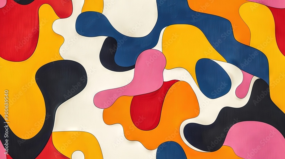 A monochrome palette featuring black, red, yellow, blue, and pink forms on a white canvas A monochrome palette featuring black, red, yellow, blue, and pink forms on a white canvas