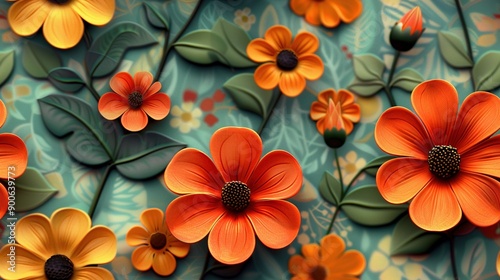  Close-up of various flowers against a blue-green backdrop with leaves and flora focal points