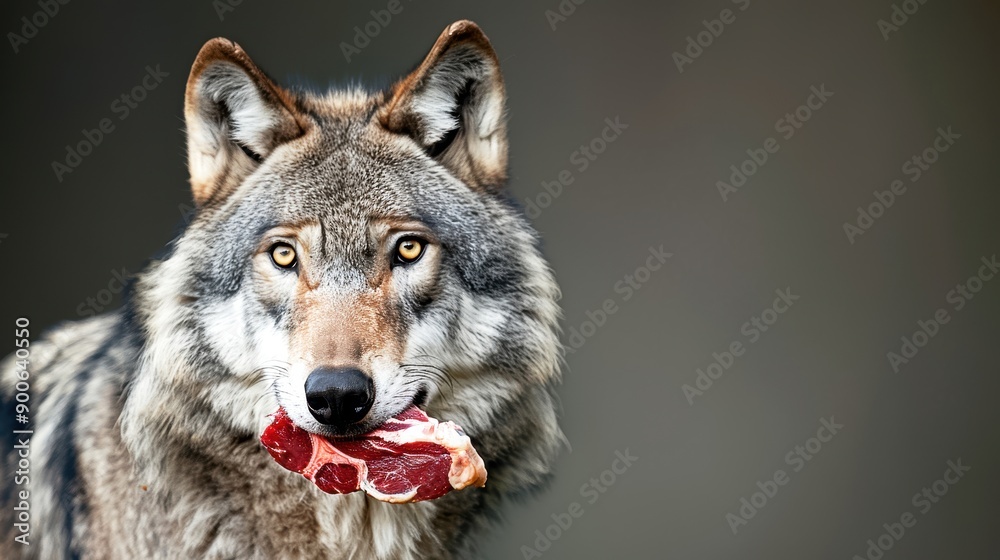 Close-up of a majestic wolf with intense eyes holding a piece of raw meat in its mouth, symbolizing the wild and predator instincts of nature. Close-up of a majestic wolf with intense eyes holding a piece of raw meat in its mouth, symbolizing the wild and predator instincts of nature.