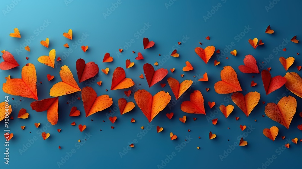 A group of red and orange hearts on a blue background, suitable for cards or brochures A group of red and orange hearts on a blue background, suitable for cards or brochures