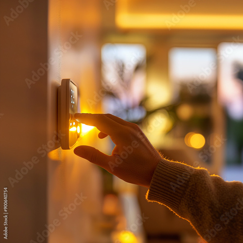 Close-up of a hand adjusting a modern thermostat on the wall, concept of smart home technology and energy efficiency
