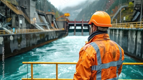 Engineer observing water flow at hydroelectric dam, ensuring safety and functionality. Industrial worker in orange safety gear, focused on energy production.