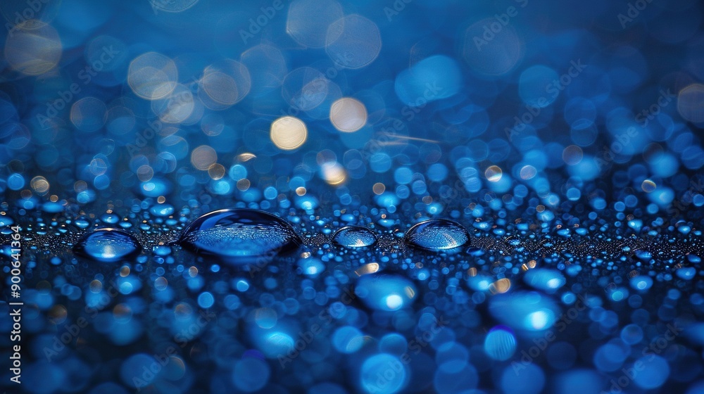 A cluster of water droplets resting atop a azure surface, surrounded by a hazy radiance A cluster of water droplets resting atop a azure surface, surrounded by a hazy radiance