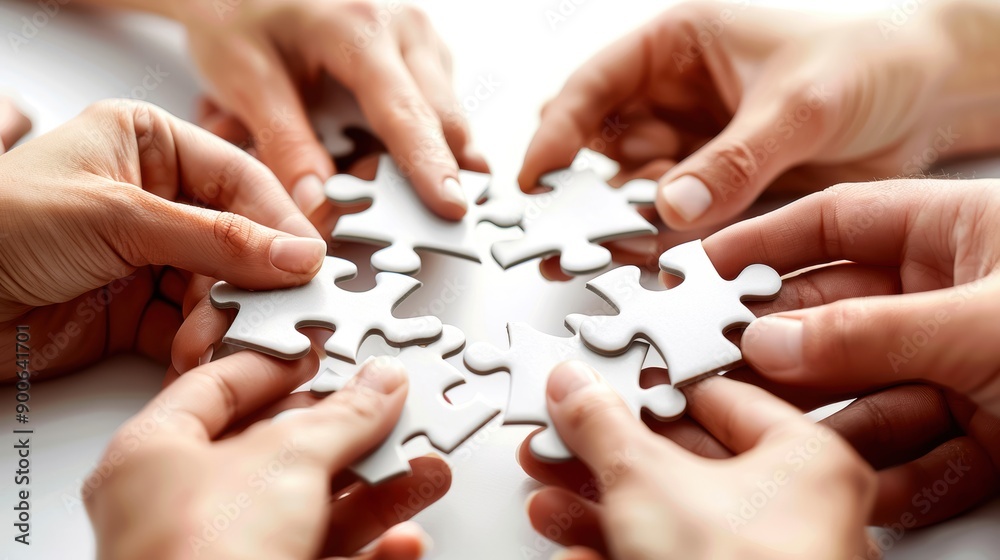 Teamwork and collaboration concept shown by hands connecting puzzle pieces together, symbolizing partnership and problem-solving.