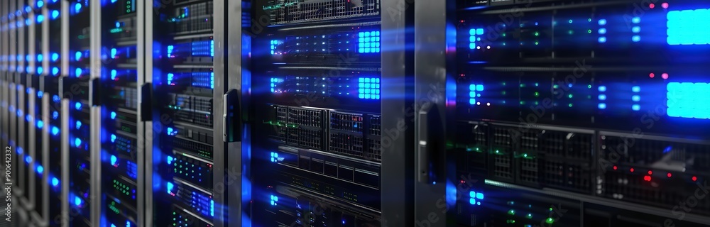 a black network server room with blue neon lights a black network server room with blue neon lights