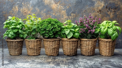   Group of potted plants arranged on wooden table against wall © Shanti