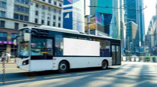 high-quality image featuring an empty poster mockup on the side of a moving bus.