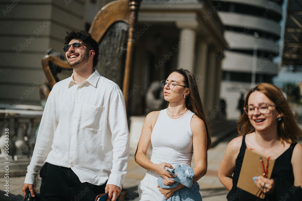 A group of young business professionals walking together outdoors, enjoying a sunny day. They're dressed in trendy business casual attire.