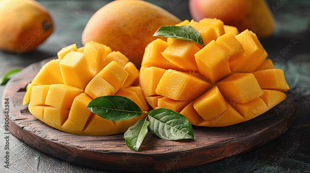 Wooden cutting board, mango slices added, additional mangoes displayed on top Wooden cutting board, mango slices added, additional mangoes displayed on top