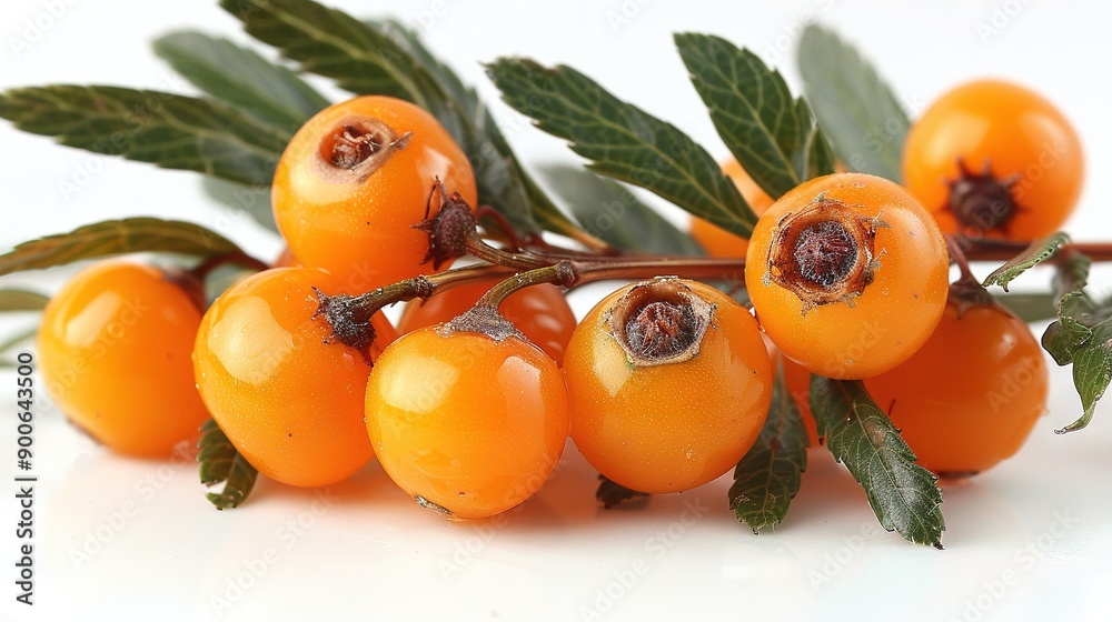A group of juicy orange berries resting on a lush green foliage on a white countertop A group of juicy orange berries resting on a lush green foliage on a white countertop