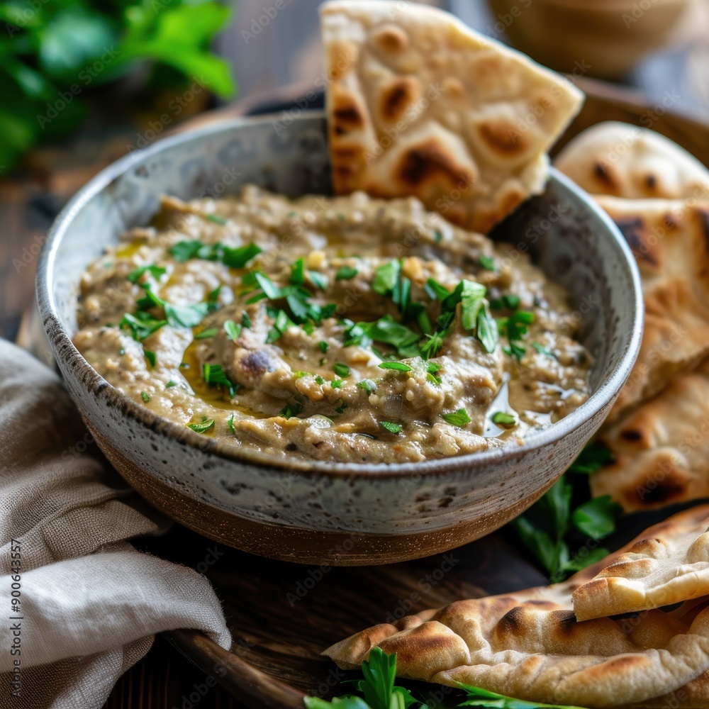 A bowl of melitzanosalata, a smoky eggplant dip garnished with parsley and served with warm pita bread A bowl of melitzanosalata, a smoky eggplant dip garnished with parsley and served with warm pita bread