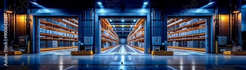 Modern warehouse interior with tall shelves filled with boxes, illuminated by blue lights. Clean, spacious, and organized industrial storage facility.