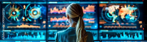 Woman analyzing complex data on multiple digital screens in a futuristic control room, showcasing advanced technology and global connectivity.