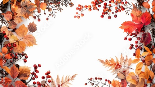 A vibrant autumn foliage frame showcasing colorful leaves and berries, perfect for seasonal invitations or decor.