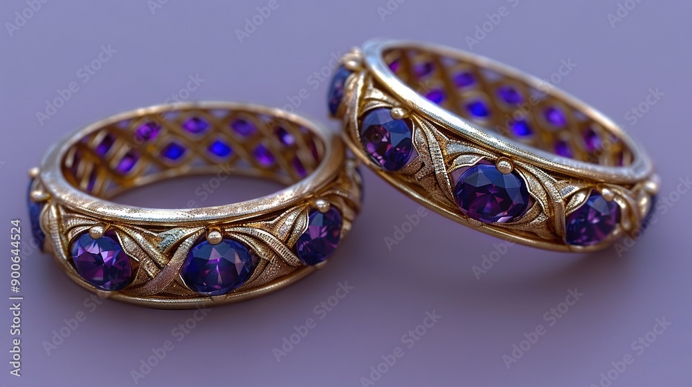A zoom in of two golden rings featuring purple gemstones within and without A zoom in of two golden rings featuring purple gemstones within and without