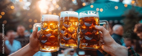 Group of people in lederhosen and dirndls raising their beer steins in a cheerful toast, celebrating Oktoberfest traditions. photo