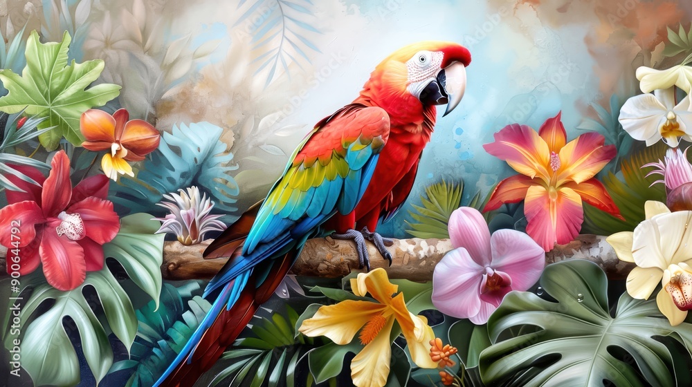 Obraz premium Colorful parrot perched on branch amidst vibrant tropical flowers and lush green foliage, creating a vivid and exotic setting.