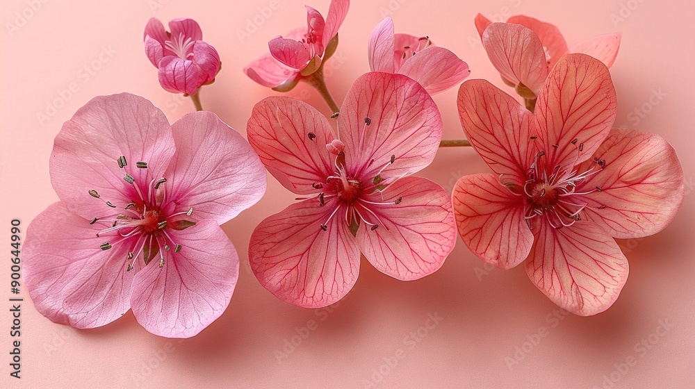 Pink flowers sit together on pink surface, one in middle Pink flowers sit together on pink surface, one in middle