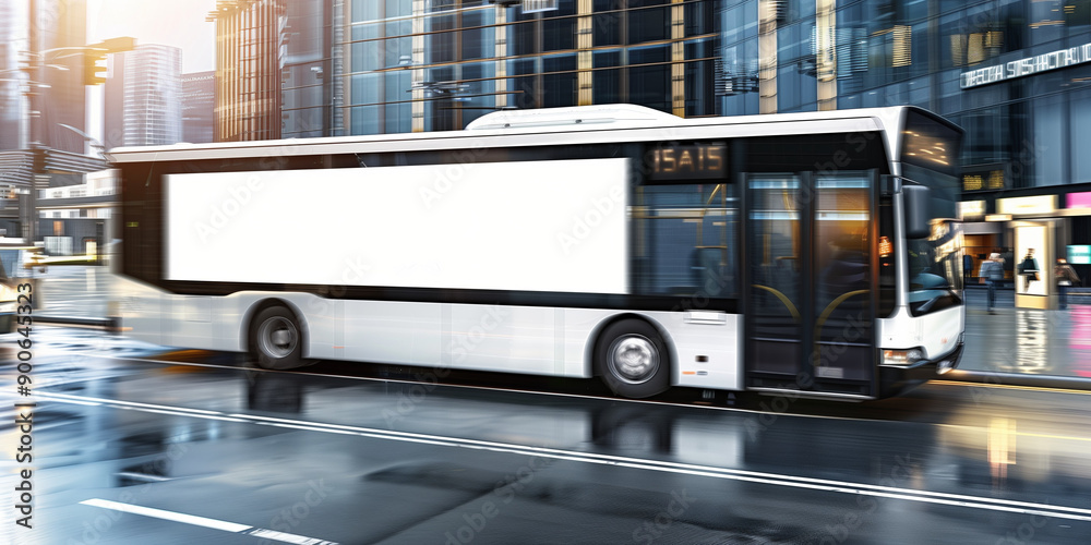 high-quality image featuring an empty poster mockup on the side of a moving bus.