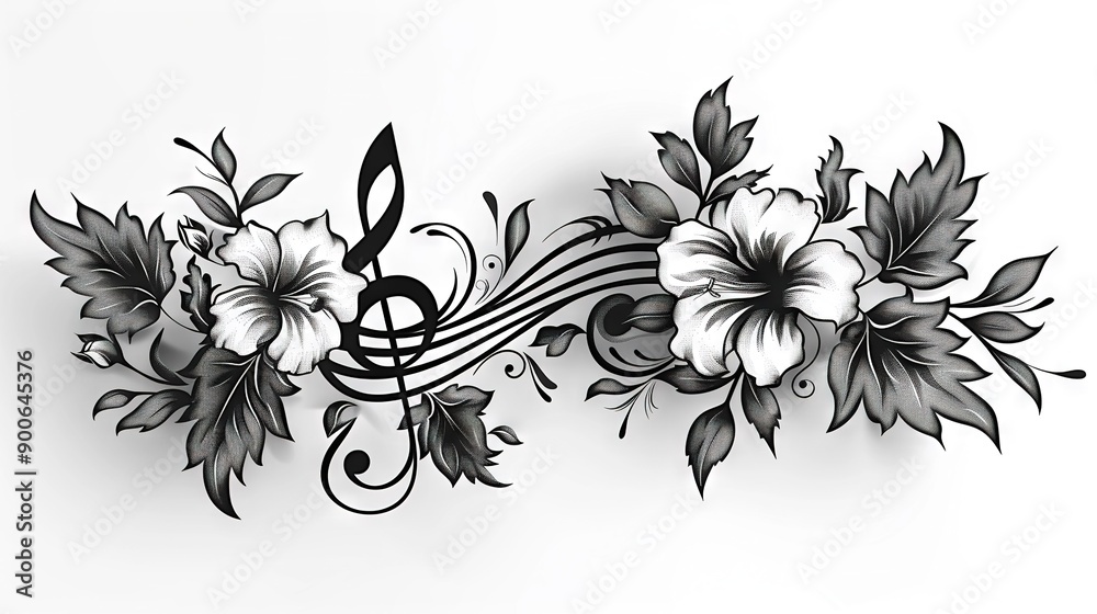 Black and white illustration of music notes and flowers on a music sheet with leaves and notes Black and white illustration of music notes and flowers on a music sheet with leaves and notes