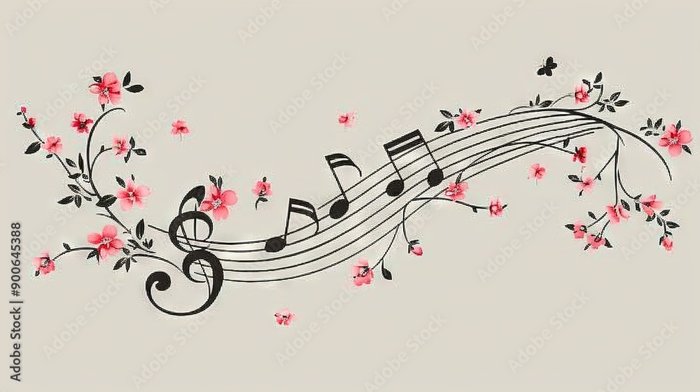 A musical note on a light gray backdrop featuring pink flowers and butterflies A musical note on a light gray backdrop featuring pink flowers and butterflies
