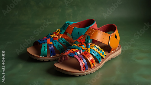  A pair of colorful Mexican huarache sandals placed on a vibrant green background, ideal for showcasing cultural vibrancy and craftsmanship. photo