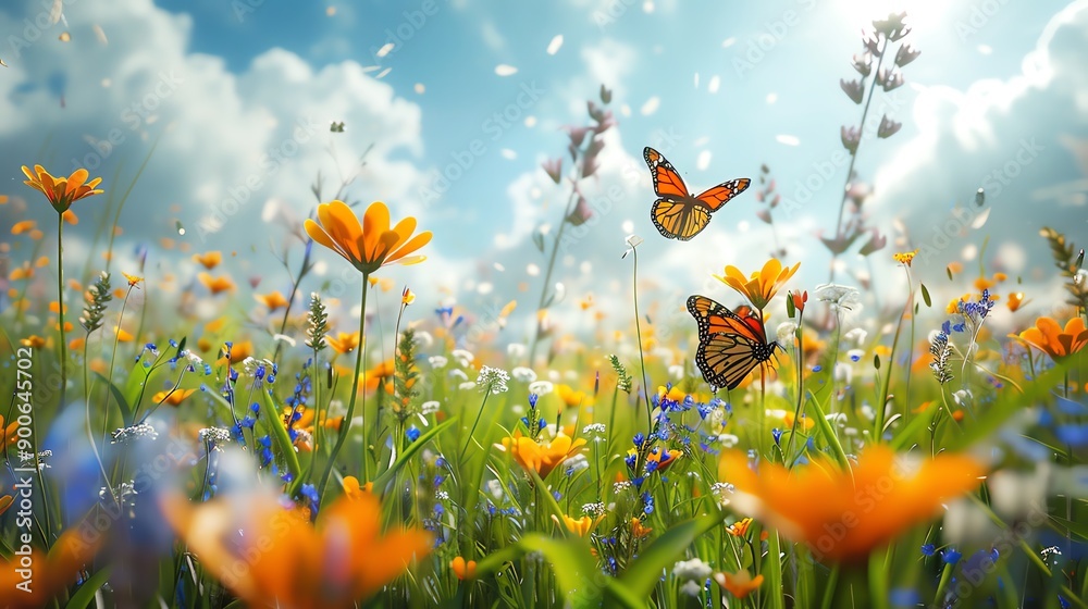 Beautiful meadow filled with colorful wildflowers and butterflies under a bright blue sky with fluffy white clouds on a summer day. Beautiful meadow filled with colorful wildflowers and butterflies under a bright blue sky with fluffy white clouds on a summer day.