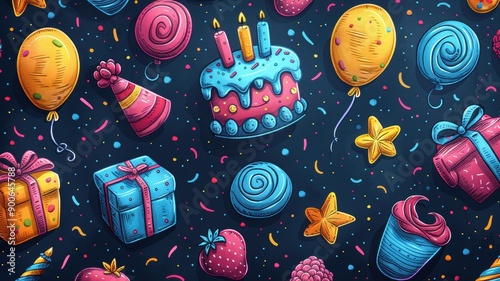 Colorful Birthday Celebration Pattern with Balloons, Gifts, Cake, and Party Decorations on Dark Background