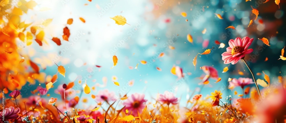 Vibrant autumn scene with falling leaves and blooming flowers against a blurred sky, capturing the beauty and energy of the changing season. Vibrant autumn scene with falling leaves and blooming flowers against a blurred sky, capturing the beauty and energy of the changing season.